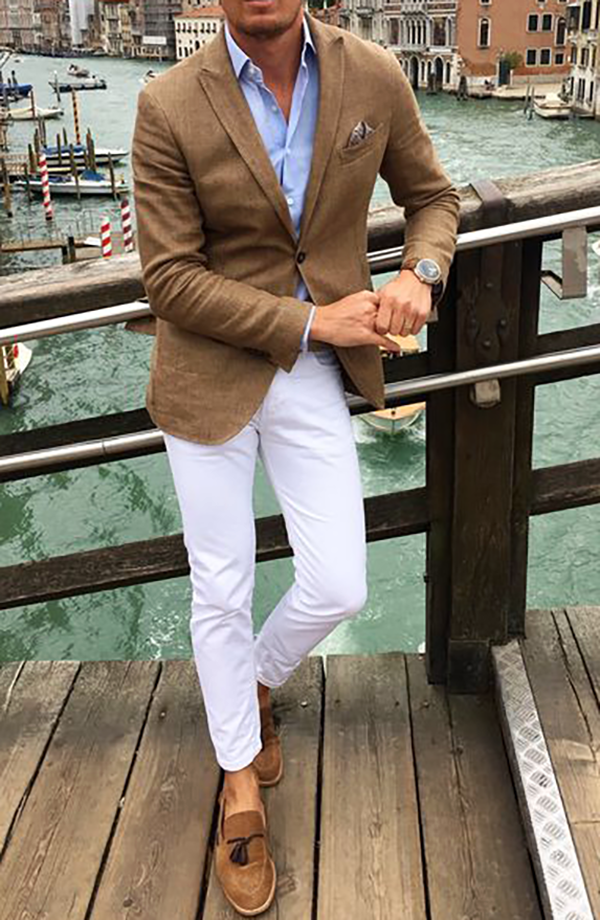 Camel brown jacket and white trousers