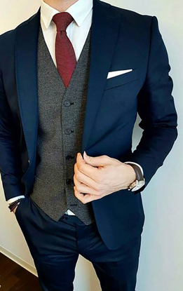 Picture of Navy three-piece suit with grey waistcoat