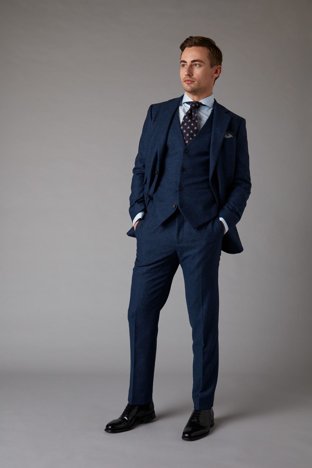 Blue tweed effect three-piece suit