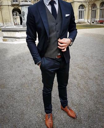 Picture of Navy slim fit suit with grey waistcoat