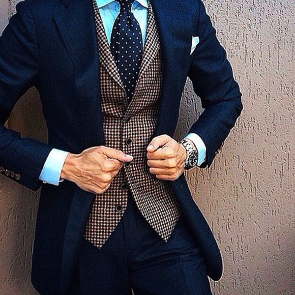 Navy Blue Suit with Brown Checked Waistcoat