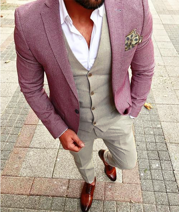 Red and Beige Mixed Fabric Three Piece Suit