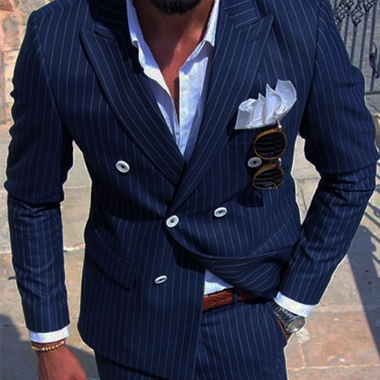 Navy blue pin-striped double-breasted suit